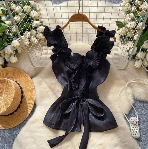 Niche Ruffled Lace-up Satin Top