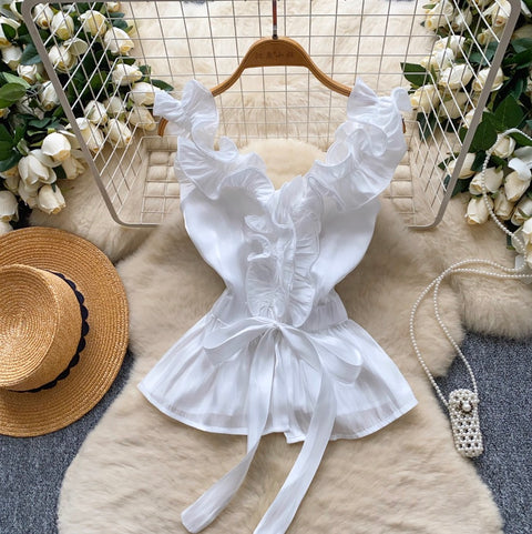 Niche Ruffled Lace-up Satin Top