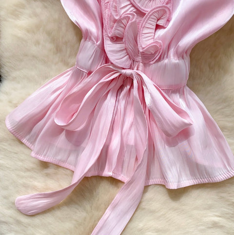 Niche Ruffled Lace-up Satin Top