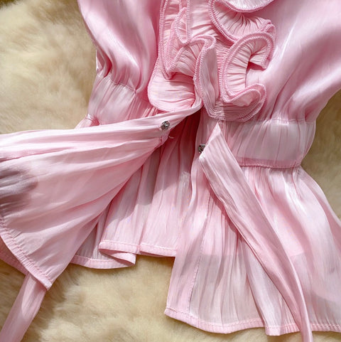 Niche Ruffled Lace-up Satin Top