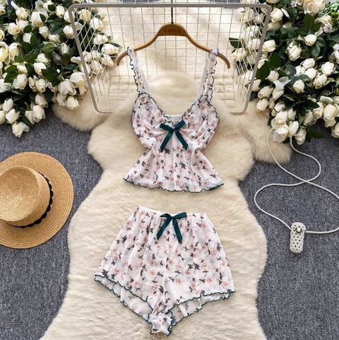 Bow-tie Floral Camisole & Shorts 2Pcs