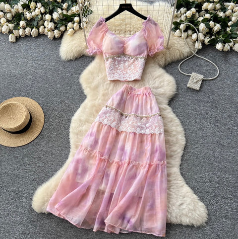 Courtly Sequined Tie-dye Top & Skirt 2Pcs