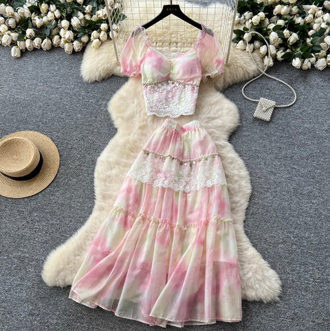 Courtly Sequined Tie-dye Top & Skirt 2Pcs