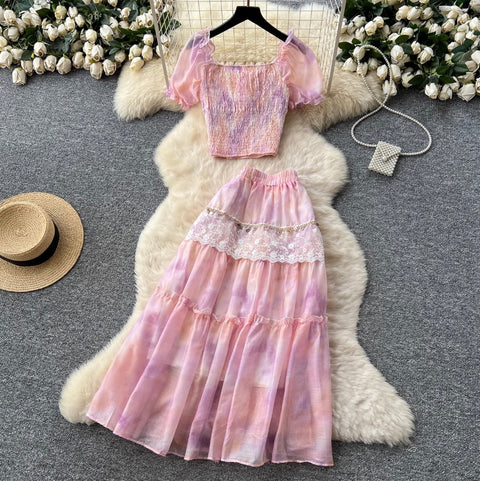 Courtly Sequined Tie-dye Top & Skirt 2Pcs