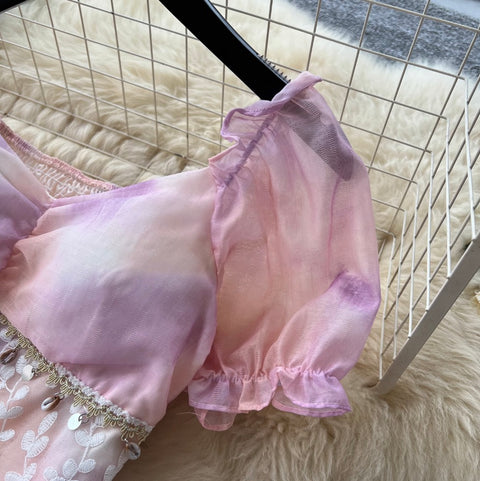 Courtly Sequined Tie-dye Top & Skirt 2Pcs