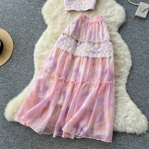 Courtly Sequined Tie-dye Top & Skirt 2Pcs