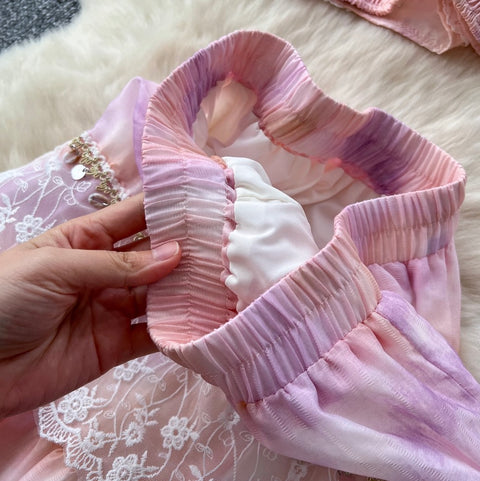 Courtly Sequined Tie-dye Top & Skirt 2Pcs