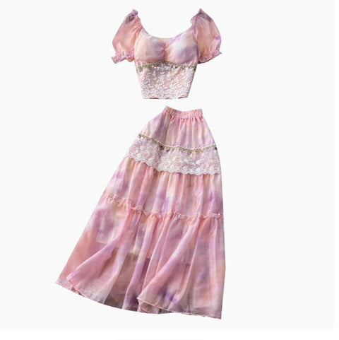 Courtly Sequined Tie-dye Top & Skirt 2Pcs