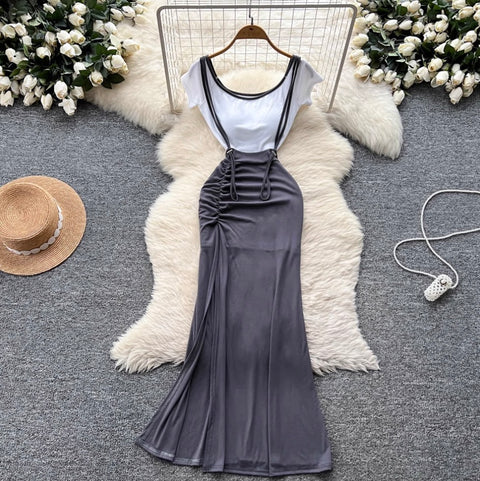 Midriff-baring Shirt & Slip Dress 2Pcs