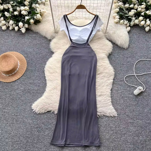 Midriff-baring Shirt & Slip Dress 2Pcs