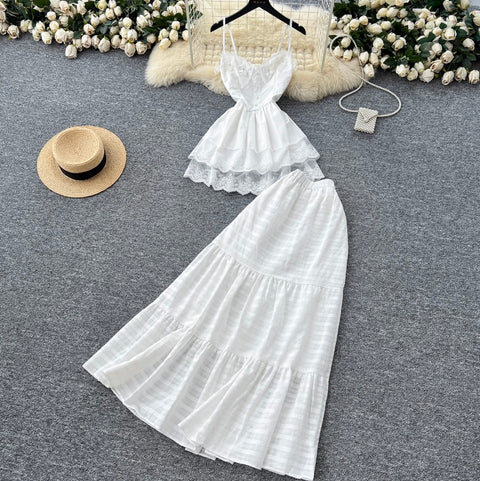 Lace Camisole & Skirt White 2Pcs