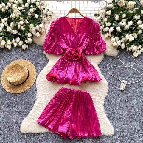 V-neck Top & Wide-leg Shorts 2Pcs