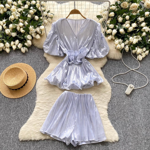 V-neck Top & Wide-leg Shorts 2Pcs