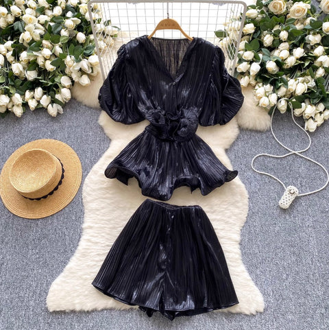 V-neck Top & Wide-leg Shorts 2Pcs