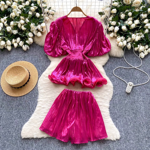 V-neck Top & Wide-leg Shorts 2Pcs