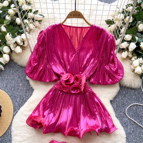 V-neck Top & Wide-leg Shorts 2Pcs
