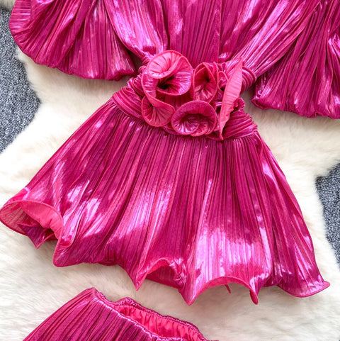 V-neck Top & Wide-leg Shorts 2Pcs