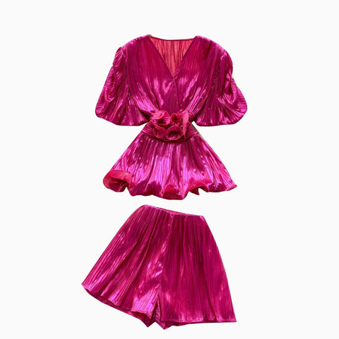 V-neck Top & Wide-leg Shorts 2Pcs