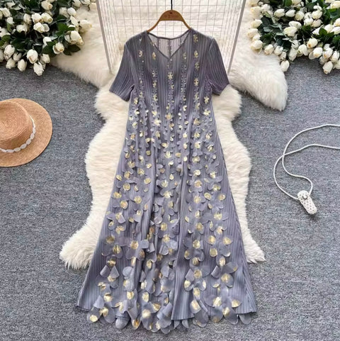 Niche Stamped Gold Pleated Dress