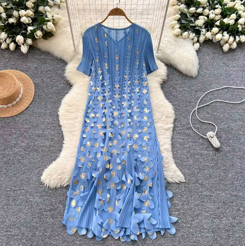 Niche Stamped Gold Pleated Dress
