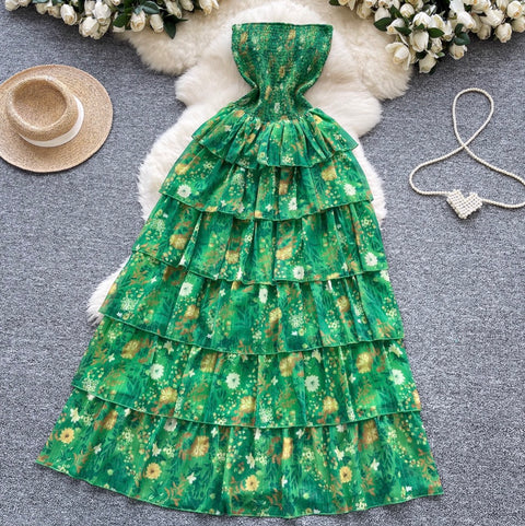 Off-shoulder Floral Green Cake Dress