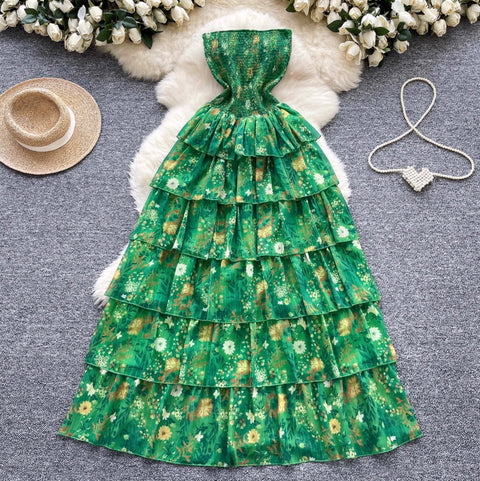 Off-shoulder Floral Green Cake Dress