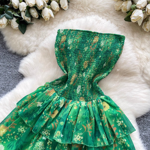 Off-shoulder Floral Green Cake Dress