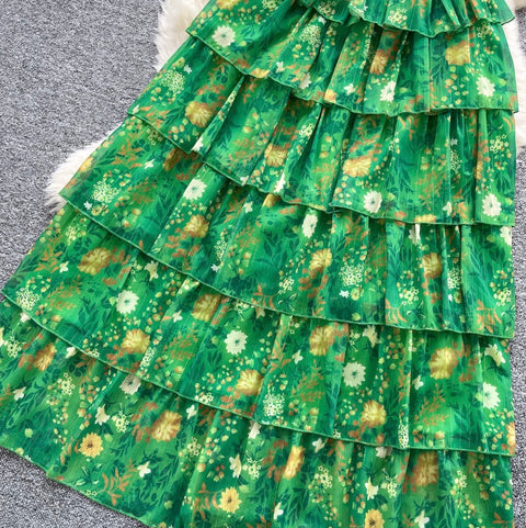 Off-shoulder Floral Green Cake Dress