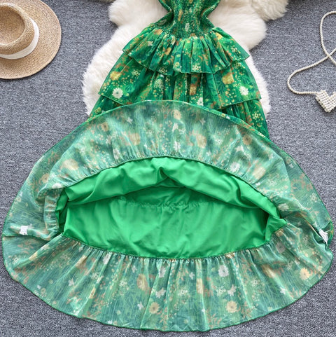Off-shoulder Floral Green Cake Dress