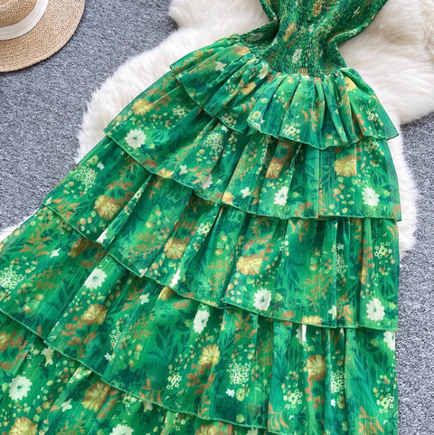 Off-shoulder Floral Green Cake Dress