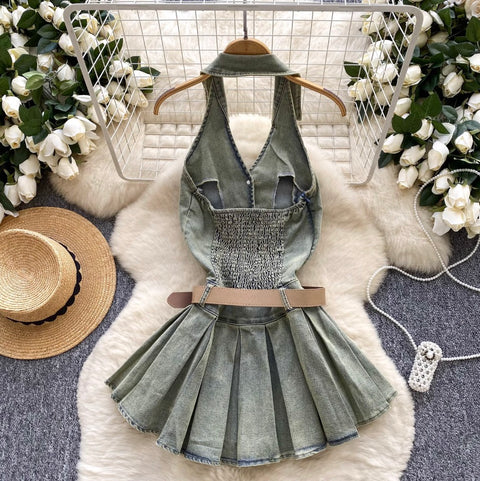 Chic Halter Denim Pleated Dress