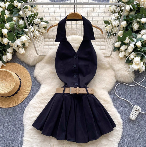 Chic Halter Denim Pleated Dress