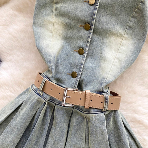 Chic Halter Denim Pleated Dress