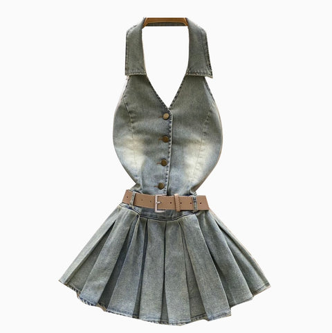 Chic Halter Denim Pleated Dress