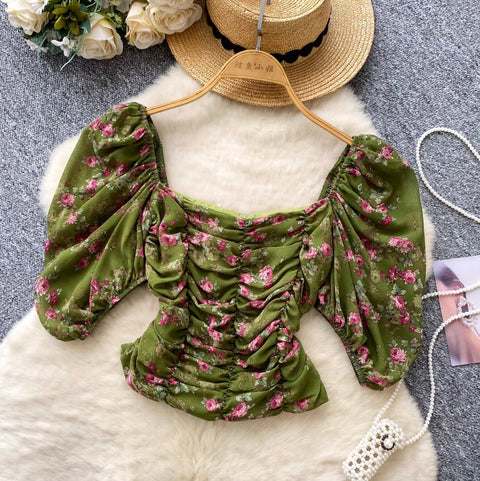 Square Neckline Pleated Floral Top