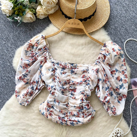 Square Neckline Pleated Floral Top