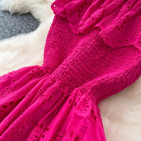 Ruffled Neckline Patchwork Embroidery Dress