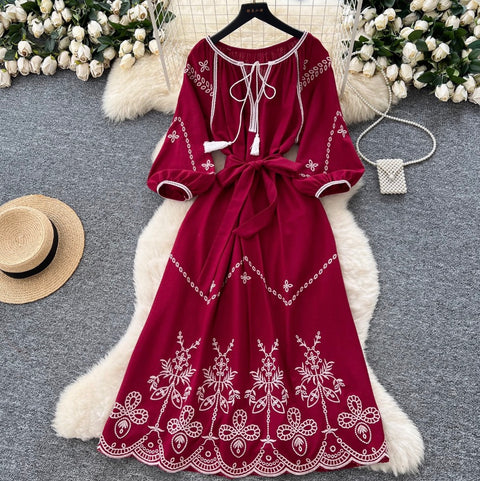 Bohemian Embroidered Lace-up Dress