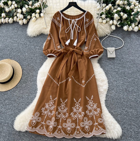 Bohemian Embroidered Lace-up Dress