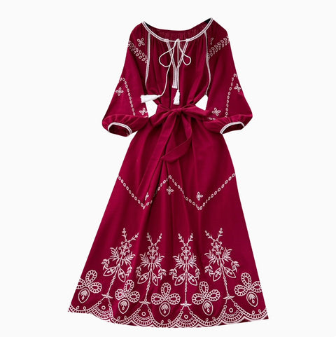 Bohemian Embroidered Lace-up Dress