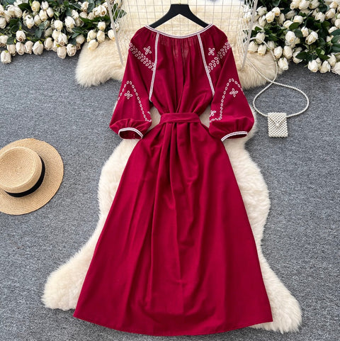 Bohemian Embroidered Lace-up Dress