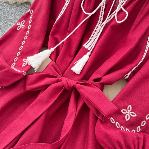 Bohemian Embroidered Lace-up Dress