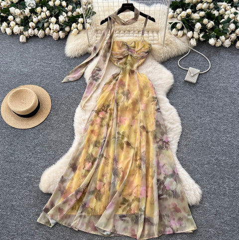 Floral Chiffon Slip Dress with Ribbon