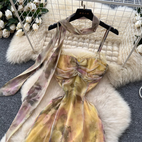 Floral Chiffon Slip Dress with Ribbon