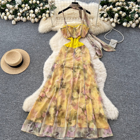 Floral Chiffon Slip Dress with Ribbon