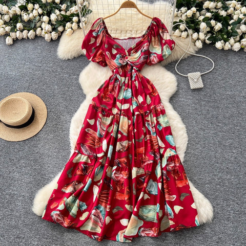 French Style V-neck Floral Printed Dress