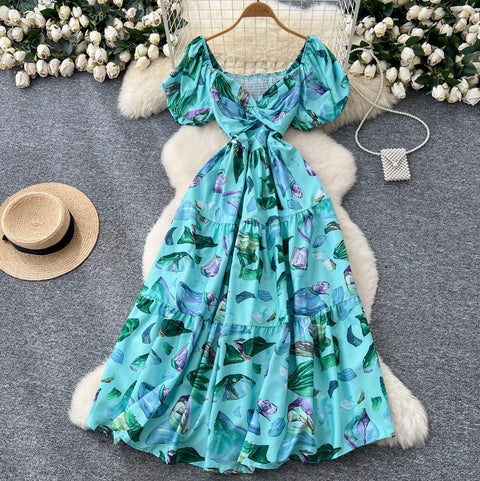 French Style V-neck Floral Printed Dress