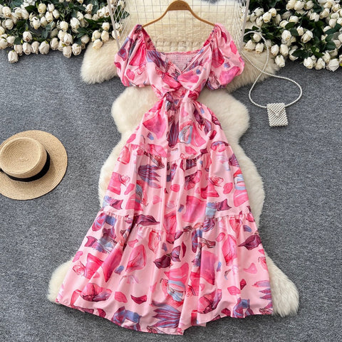 French Style V-neck Floral Printed Dress