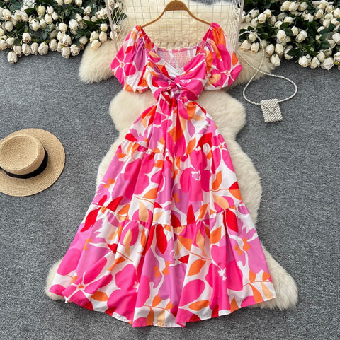 French Style V-neck Floral Printed Dress