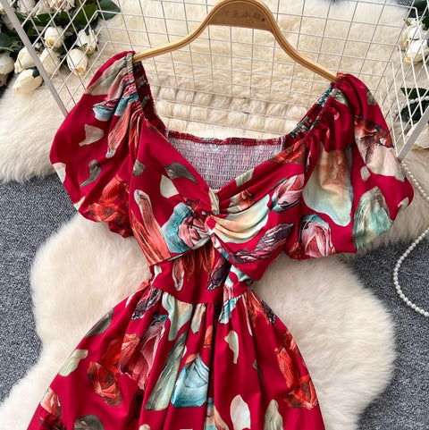 French Style V-neck Floral Printed Dress